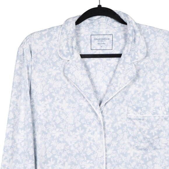 Charter Club Floral Nightshirt L Womens Blue White Button Up Long Sleeve Soft - Picture 2 of 6